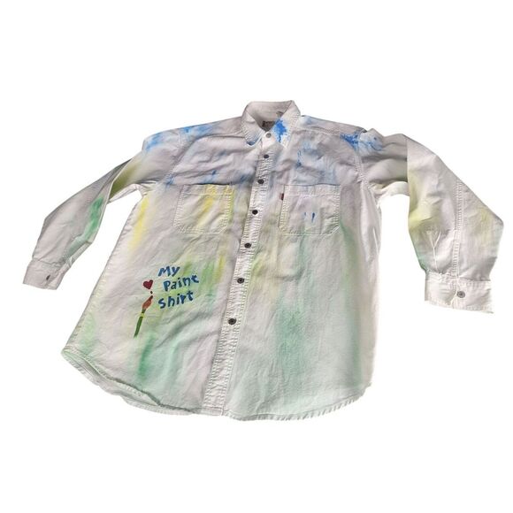 Levi's Tops - Levis Red Tab Cotton Paint Shirt Women Sz M Artistic Design Green Blue Boho